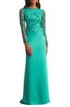 Tadashi Shoji Sequin Lace Long Sleeve Crepe Gown In Caribbean