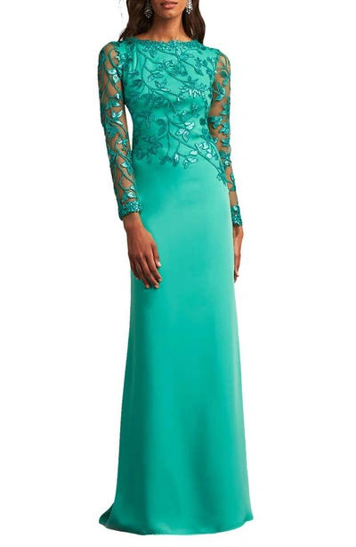 Tadashi Shoji Sequin Lace Long Sleeve Crepe Gown In Caribbean