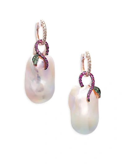 Tara Pearls 14k Rose Gold, Baroque Freshwater Pearl, Diamond, Garnet & Sapphire Earrings In Pink