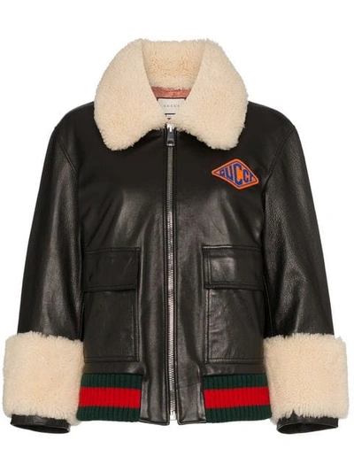 Gucci Logo Patch Shearling Trim Leather Bomber Jacket In Black