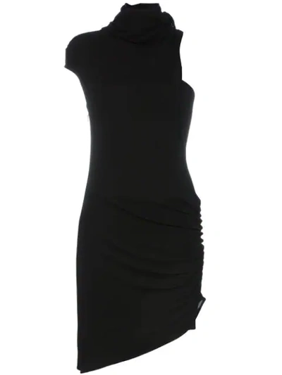 Versace Sleeveless Turtleneck Fitted Asymmetric Cocktail Dress In Black