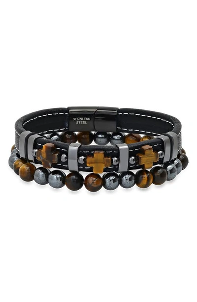 Hmy Jewelry 2-piece Tiger's Eye Bead & Leather Bracelet Set In Black/gunmetal/brown