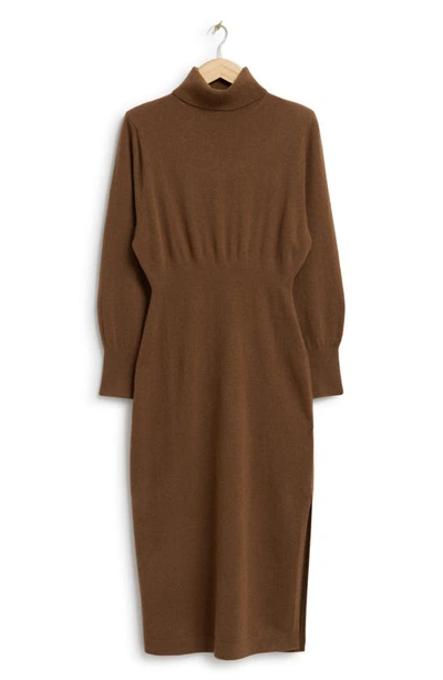 & Other Stories Long Sleeve Padded Shoulder Turtleneck Wool Sweater Dress In Brown