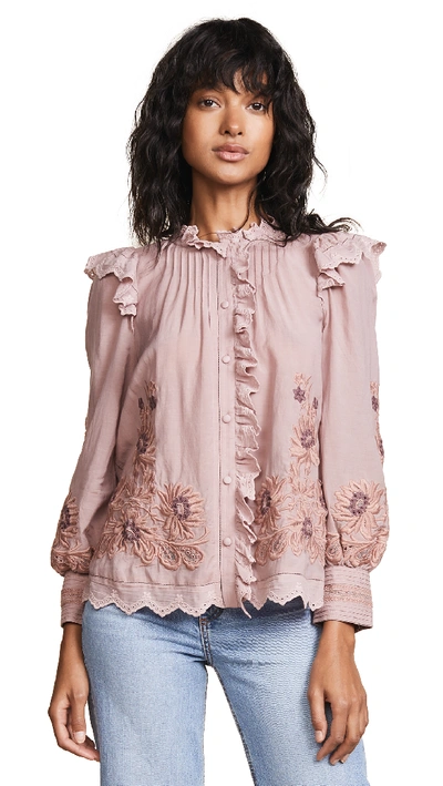Sea Greta Button-front Long-sleeve Embroidered Lace Peasant Blouse In Blush