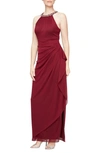 Alex Evenings Embellished Halter Ruched Column Formal Gown In Wine