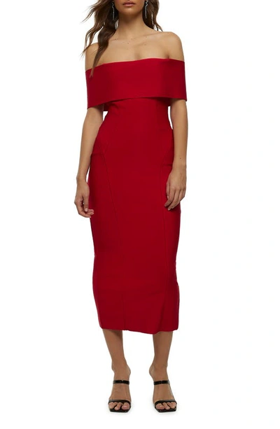 River Island Britney Off The Shoulder Sheath Cocktail Dress In Red