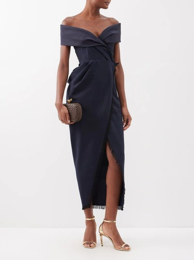 Etro Off-the-shoulder Twill-trimmed Frayed Silk-blend Jacquard Wrap Gown In Blue