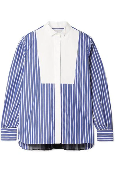Sacai Piqué And Organza-trimmed Striped Cotton-poplin Shirt In Azure