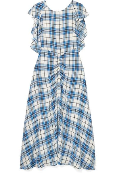 Paper London Dutch Ruched Checked Silk Midi Dress In Blue | ModeSens