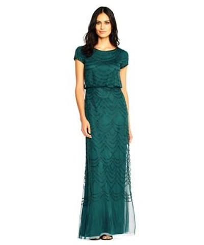 Adrianna Papell Beaded Blouson Gown In Dusty Emerald