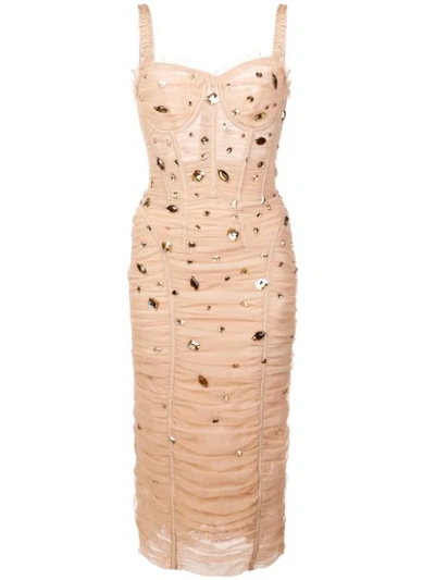 Dolce & Gabbana Corset-bodice Jewel-embellished Ruched Tulle Cocktail Dress In Pink