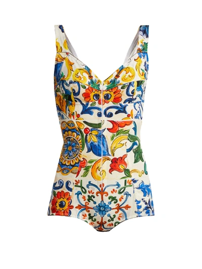 Dolce & Gabbana Majolica-print Silk-blend Bodysuit In Majolica Print