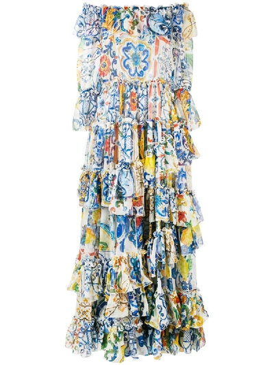 Dolce & Gabbana Majolica Print Chiffon Gown In Blue