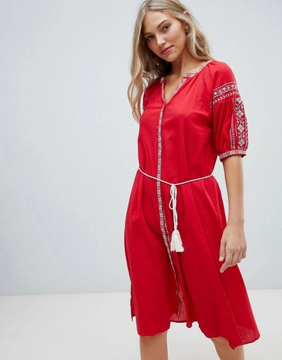 Hazel Embroidered Midi Dress With Tassel Belt - Red