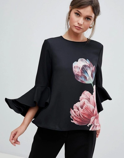 Ted Baker Waterfall Sleeve Top In Tranquility Floral Print - Black
