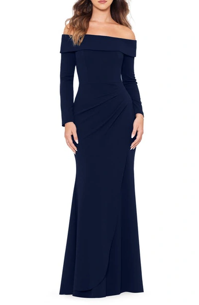 Xscape Off The Shoulder Long Sleeve Scuba Trumpet Gown In Navy