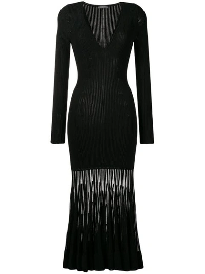 Alexander Mcqueen V-neck Long-sleeve Ribbed Sheer Bottom Maxi Dress In Black