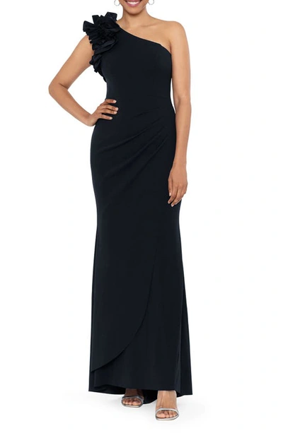 Xscape Ruffle One-shoulder Scuba Crepe Gown In Black