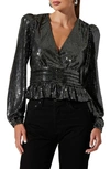 Astr Metallic Sequin Long Sleeve Peplum Top In Black Silver