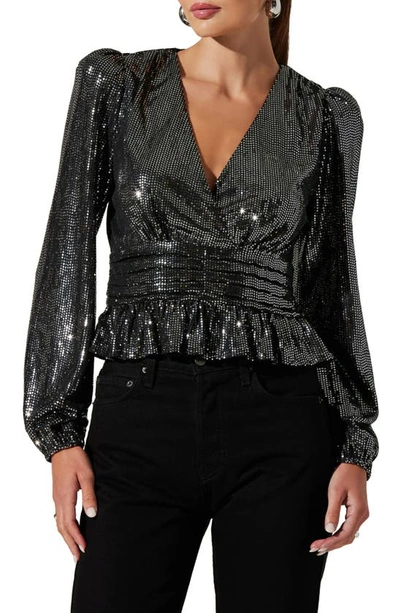 Astr Metallic Sequin Long Sleeve Peplum Top In Black Silver