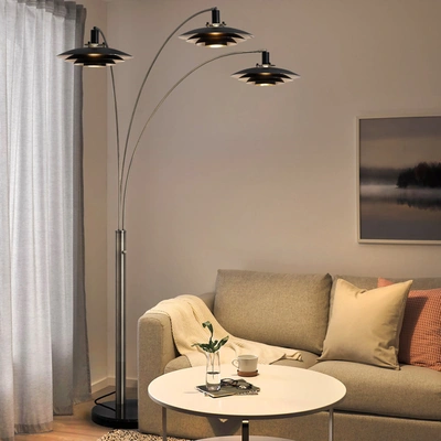 Nova Of California Rancho Mirage 3 Light Arc Lamp, Satin Nickel And Matte Black With Silver Leaf