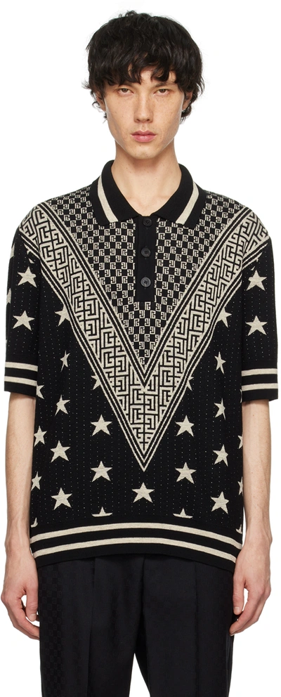 Balmain Monogram Stars Knitted Polo Shirt In Black