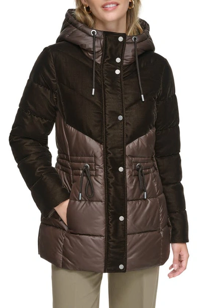 Andrew Marc Velvet Panel Hooded Puffer Jacket In Chocolate