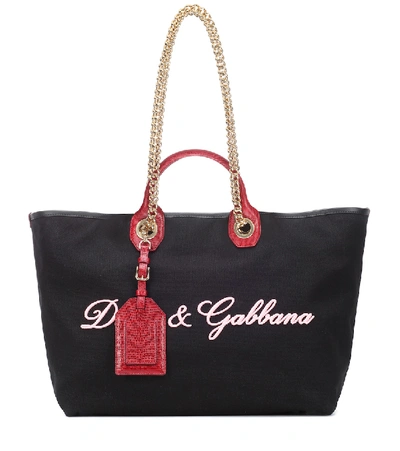 Dolce & Gabbana Embroidered Canvas Shopper In Black
