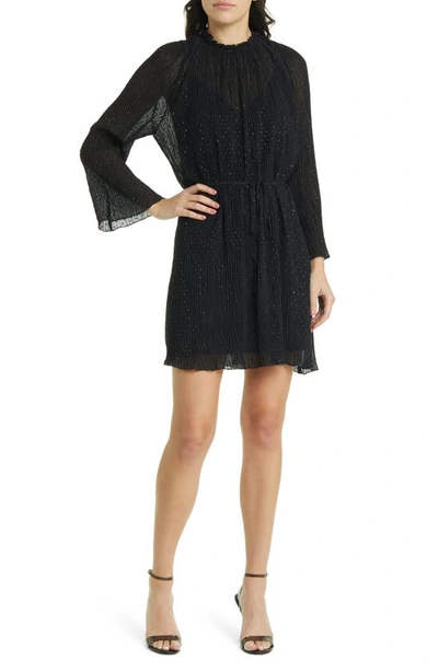 French Connection Callie Embellished Plissé Long Sleeve Dress In Blackout