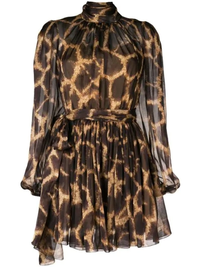 Dolce & Gabbana Mock-neck Long-sleeve Giraffe-print Chiffon Dress In Brown