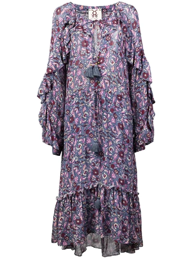 Figue Elodie Tassel-tie Bell-sleeve Ruffle Floral-print Crepe Dress In Blue