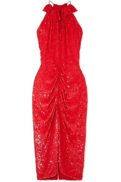 Magda Butrym Hilo Ruched Sequined Chiffon Midi Dress In Red