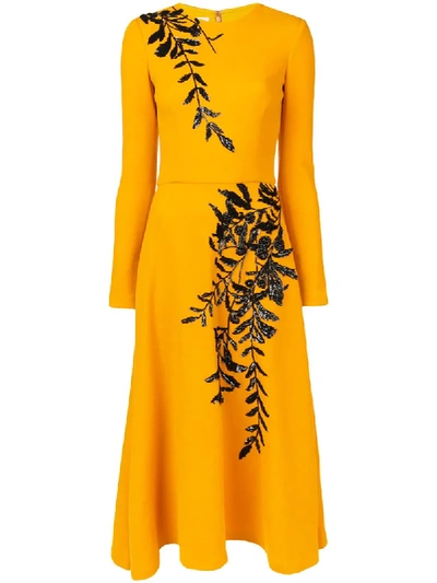 Oscar De La Renta Long-sleeve Jewel-neck A-line Leaf-embroidered Tea-length Cocktail Dress In Saffron