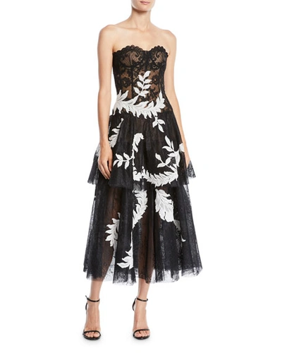 Oscar De La Renta Strapless Lace Leaf-embroidered Tiered Tulle Evening Gown