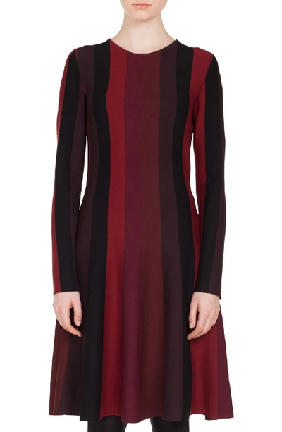 Akris Punto Long-sleeve Crewneck A-line Striped Knit Wool Dress In Burgundy/ Black Cherry/ Black