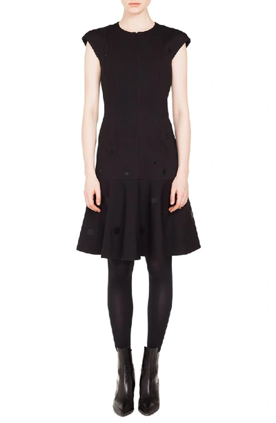 Akris Punto Zip-front Cap-sleeve Tonal-dot Embroidered A-line Dress In Black