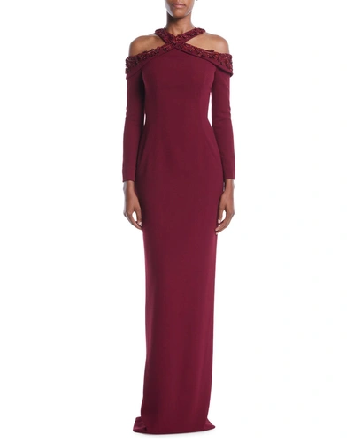 Pamella Roland Embroidered-neck Long-sleeve Stretch-crepe Evening Gown In Wine