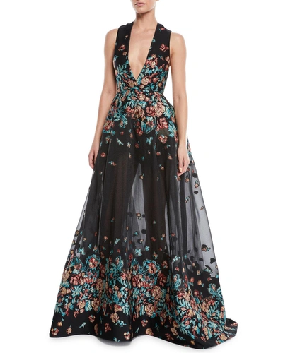 Elie Saab Deep-v Sleeveless Floral-jacquard Fil Coupe Evening Gown In Multi Pattern