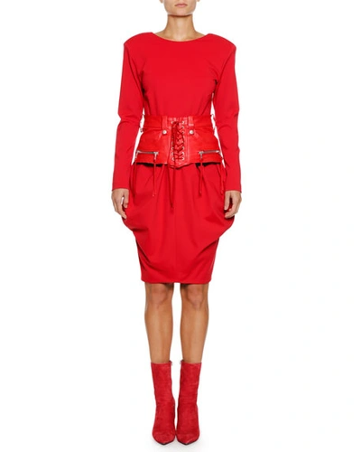 Ben Taverniti Unravel Project Lace-up Leather-corset Long-sleeve Dress In Red