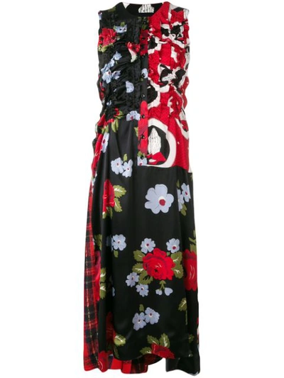 Simone Rocha Sleeveless A-line Ruched Floral-print & Plaid Tartan Dress In Red