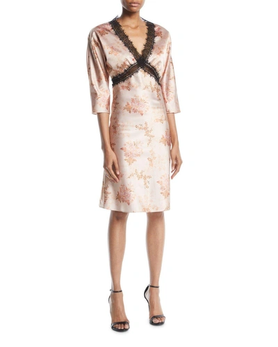 Brock Collection Dharma V-neck Elbow-sleeve Floral-print Satin Dress W/ Lace In Peach
