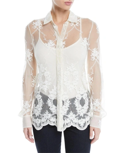Brock Collection Baylee Button-front Long-sleeve Floral-embroidered Tulle Shirt In Ivory