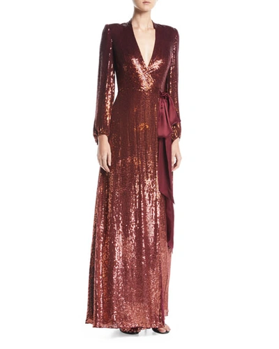 Jenny Packham Aries V-neck Long-sleeve Wrap Sequin Evening Gown