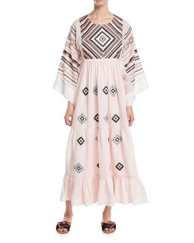 Vita Kin Agra Round-neck Flare-sleeves Diamond-patch Linen Long Dress In Pink Pattern