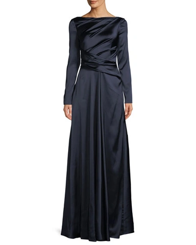 Talbot Runhof Ross High-neck Long-sleeve Ruched A-line Stretch-satin Evening Gown In Dark Blue