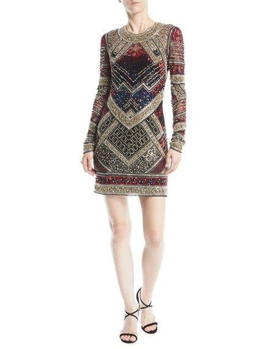 Naeem Khan Jewel-neck Long-sleeve Beaded Mini Cocktail Dress In Gold