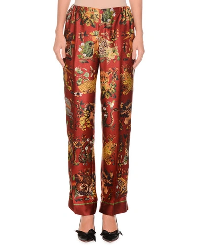Frs By Francesca Ruffini Animal-print Needlepoint Silk Satin Pajama Pants In Red Pattern