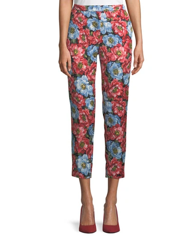 Escada Talaranto Straight-leg Front-zip Floral-jacquard Ankle Pants In Red/blue