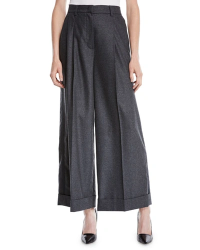 Escada Trinela Pleated Wide-leg Grosgrain Wool-blend Pants W/ Tux Stripe In Dark Gray