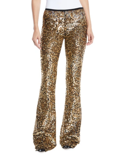 Michael Kors Paisley-paillette Flared-leg Pants In Black/gold